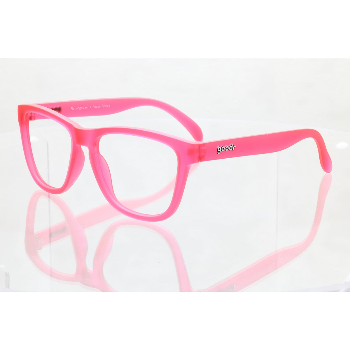 Goodr Flamingos on a Booze Cruise pink sunglass frames